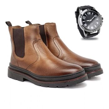 Bota Chelsea Londres em Couro - Conhaque E L + Brinde Relógio - Calçados Laroche