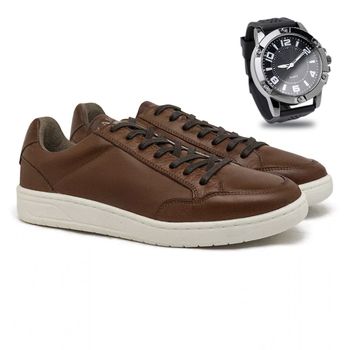 Sapatenis Casual Munique em Couro - Conhaque E L + Brinde Relógio - Calçados Laroche