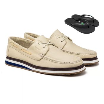 Mocassim Docksider Oasis em Couro - Marfim + Chinelo Brinde - Calçados Laroche
