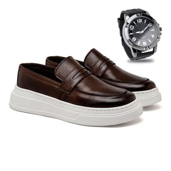 Slip On Loafer Laroche Toquio em Couro - Café + Brinde Relógio - Calçados Laroche