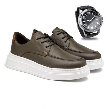 Sapatenis Casual Toquio em Couro - Oliva E L + Brinde Relógio - Calçados Laroche