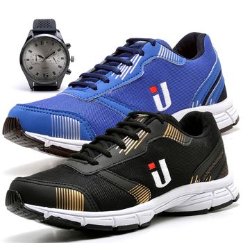 Kit 2 Pares Tênis Masculino Training Academia Caminhada Corrida Azul e Dourado com Relógio - Ousy Shoes