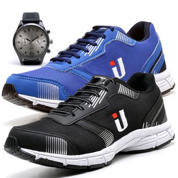Kit 2 Pares Tênis Masculino Training Academia Caminhada Corrida Azul e Preto Com Relógio - Ousy Shoes