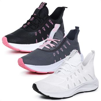 Kit 3 Pares Tênis Esportivo Feminino Ousy Confort Branco, Preto com Rosa e Cinza com Rosa - Ousy