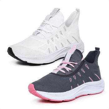 Kit 2 Pares Tênis Esportivo Feminino Ousy Confort Branco e Cinza com Rosa - Ousy