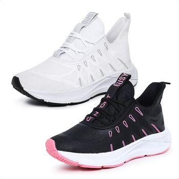 Kit 2 Pares Tênis Esportivo Feminino Ousy Confort Branco e Preto com Rosa - Ousy