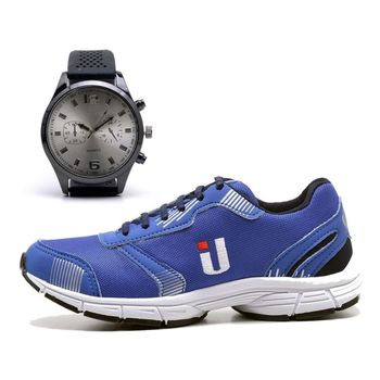 Tênis Esportivo Masculino Academia Caminhada Confortável Azul com Relógio - Ousy Shoes