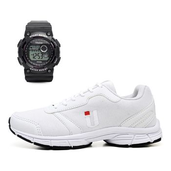 Tênis Esportivo Masculino Academia Caminhada Confortável Branco com Relógio - Ousy Shoes