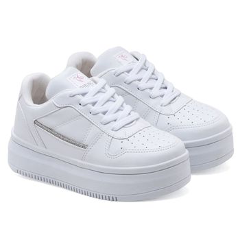 Tênis Casual Sapatênis Feminino com Brilho e Recortes Sola Alta Plataforma Confortável Leve Branco - Ousy Shoes