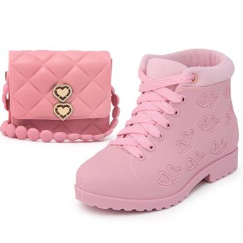 Bota Botinha Infantil Feminina Menina Coturno Cano Curto Confortável com Bolsa Pequena Rosa Bebê - Ousy Shoes
