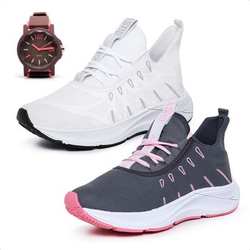 Kit 2 Pares Tênis Esportivo Feminino Ousy Confort Branco e Cinza com Rosa Mais Relógio - Ousy