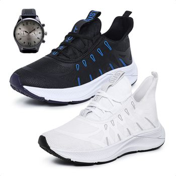 Kit 2 Pares Tênis Esportivo Masculino Ousy Confort Branco e Preto com Azul Mais Relógio - Ousy