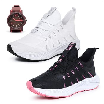 Kit 2 Pares Tênis Esportivo Feminino Ousy Confort Branco e Preto com Rosa Com Relógio - Ousy