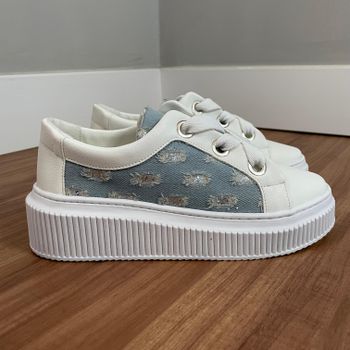 Tênis Ana - Napa Branco/Jeans com Glitter Prata -... - Outlet Banana Rosa
