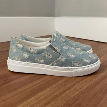 Slip On Lívia - Tecido Jeans Brilho Sola Baixa - ... - Outlet Banana Rosa