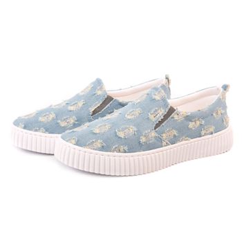 Slip On Lívia - Tecido Jeans Brilho Sola Baixa - ... - Outlet Banana Rosa