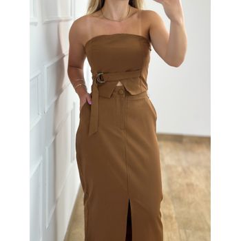 Conjunto Saia Midi E Cropped Marrom
