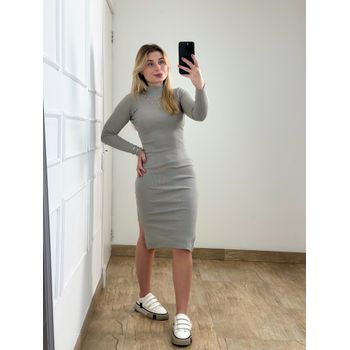 Vestido Ribana Manga Longa Cinza