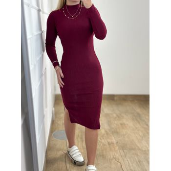 Vestido Ribana Manga Longa Marsala