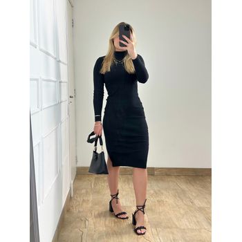 Vestido Ribana Manga Longa Preto