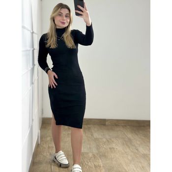 Vestido Ribana Manga Longa Preto