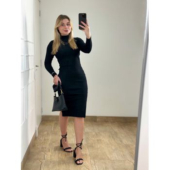 Vestido Ribana Manga Longa Preto