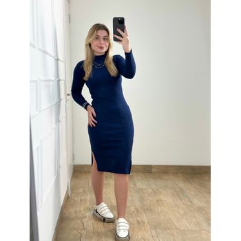 Vestido Ribana Manga Longa Azul Marinho