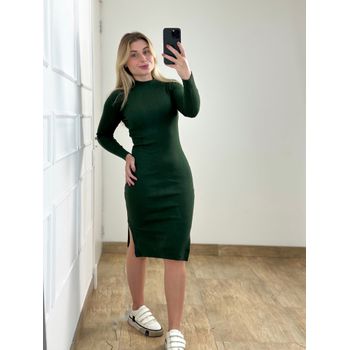 Vestido Ribana Manga Longa Verde Militar