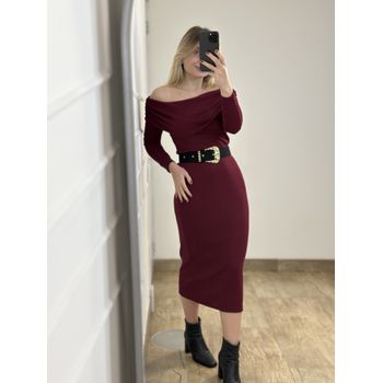Vestido Ombro a Ombro Midi Vinho