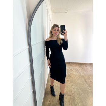 Vestido Ribana Midi Ombro a Ombro Preto