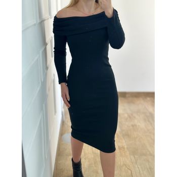 Vestido Ribana Midi Ombro a Ombro Preto