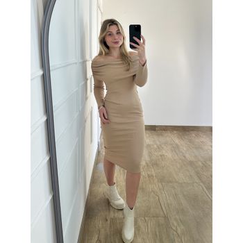 Vestido Ribana Midi Ombro A Ombro Nude