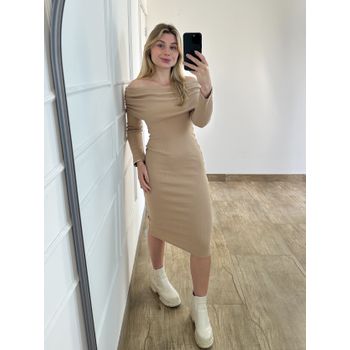 Vestido Ribana Midi Ombro A Ombro Nude