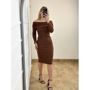Vestido Ribana Midi Ombro a Ombro Marrom