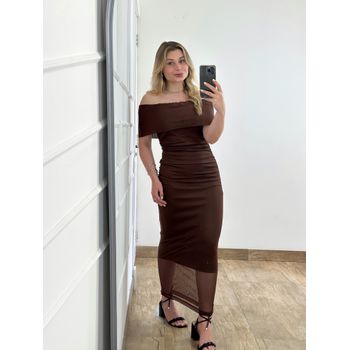 Vestido Tule Ombro a Ombro Marrom