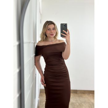 Vestido Tule Ombro a Ombro Marrom