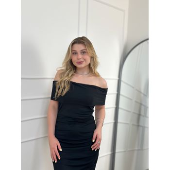 Vestido Tule Ombro a Ombro Preto