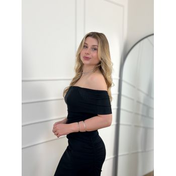 Vestido Tule Ombro a Ombro Preto