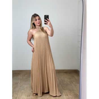 Vestido Longo Plissado Nude