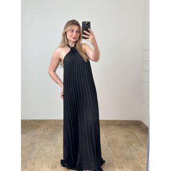 Vestido Longo Plissado Preto