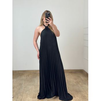 Vestido Longo Plissado Preto