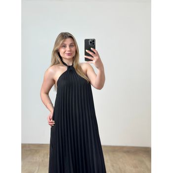 Vestido Longo Plissado Preto