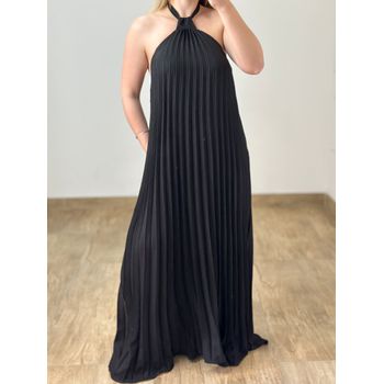 Vestido Longo Plissado Preto