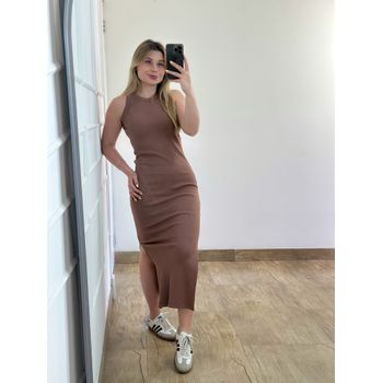 Vestido Ribana Regata Longo Marrom