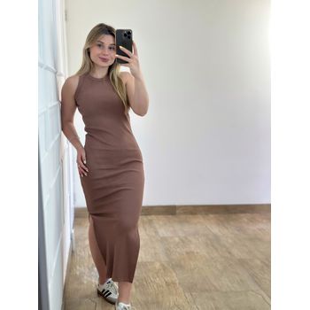 Vestido Ribana Regata Longo Marrom