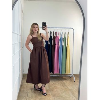 Vestido Midi Linho Marrom Café