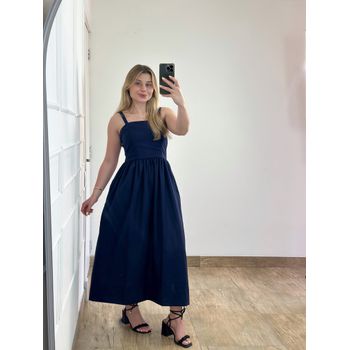 Vestido Midi Linho Azul Marinho