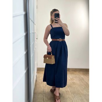 Vestido Midi Linho Azul Marinho