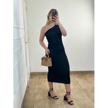 Vestido Midi Drapeado Preto