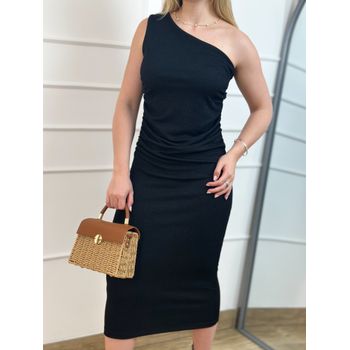 Vestido Midi Drapeado Preto